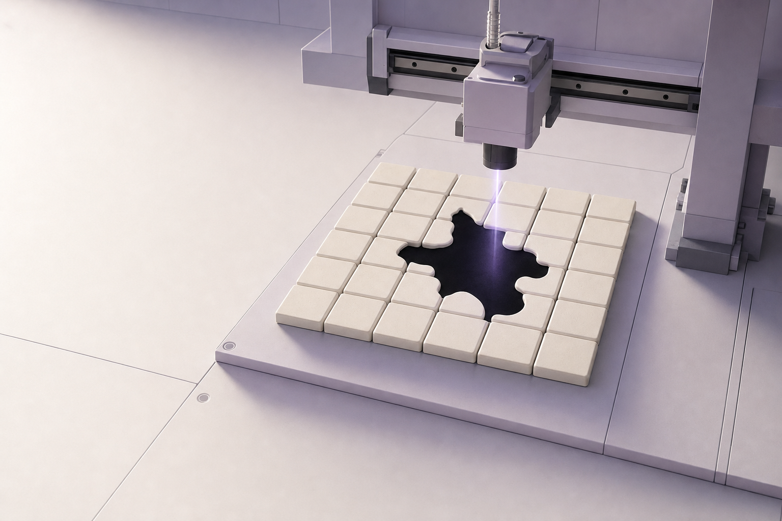 A laser gantry cutting the same irregular gap through the tile grid